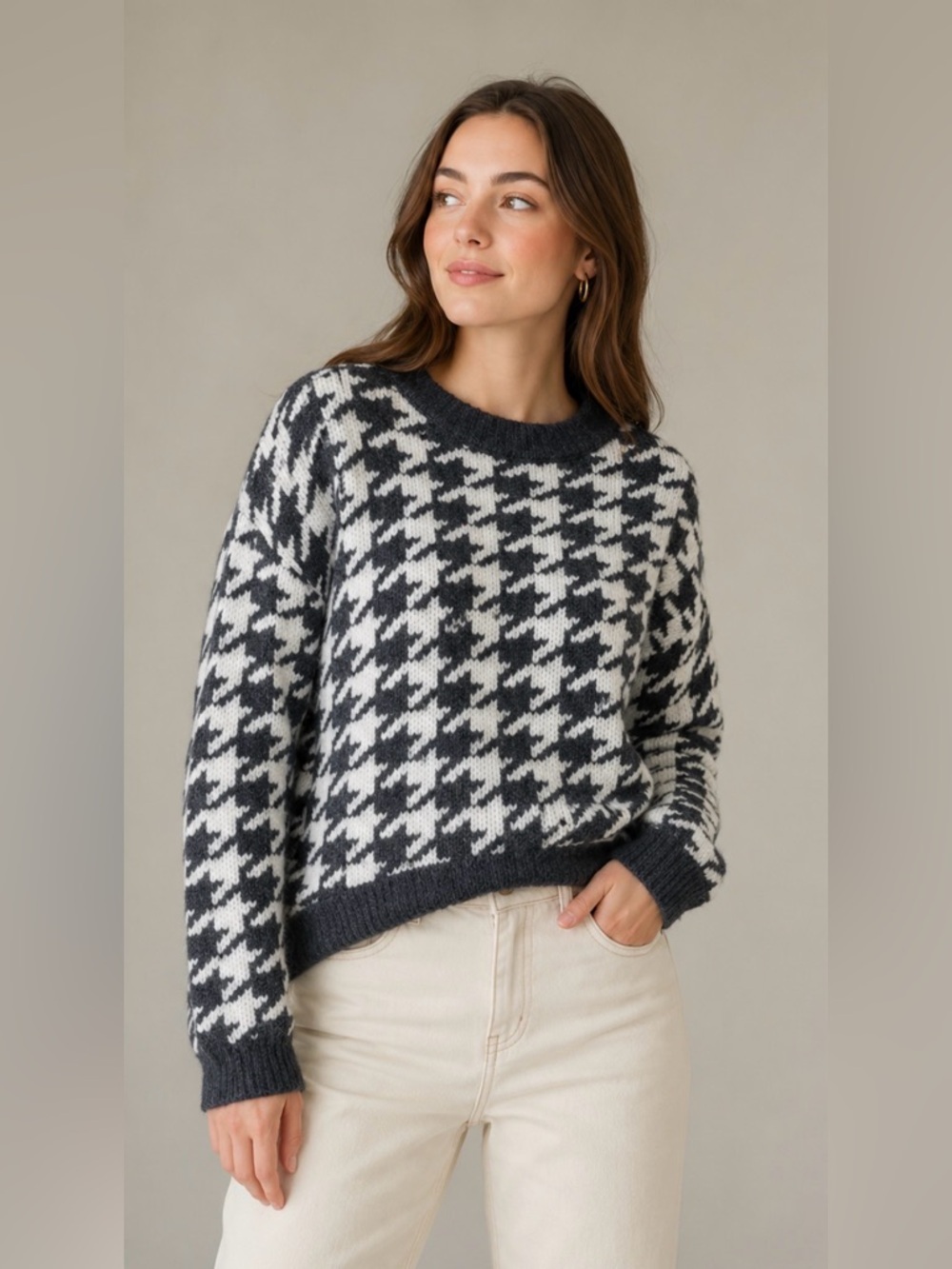 Oak + Fort Grey &White Houndstooth Chunky Wool Blend Crewneck Sweater Size S